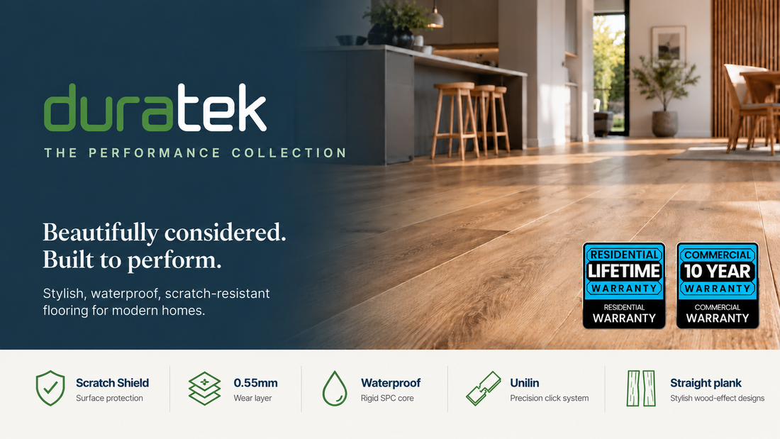 Duratek premium waterproof SPC flooring with Scratch Shield, 0.55mm wear layer and realistic wood-effect planks.