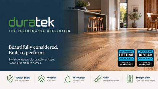 Duratek premium waterproof SPC flooring with Scratch Shield, 0.55mm wear layer and realistic wood-effect planks.