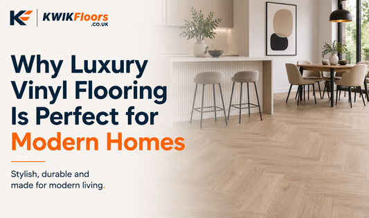 KWIK Floors blog cover showing luxury vinyl flooring in a modern open-plan kitchen and dining room, highlighting stylish, durable LVT flooring for modern homes.