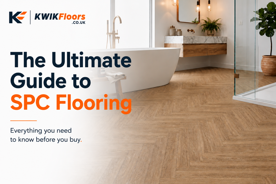 The Ultimate Guide to SPC Flooring blog cover showing waterproof rigid core SPC click flooring in a contemporary bathroom, with expert advice on luxury vinyl flooring, underfloor heating, installation and choosing the best flooring for UK homes.