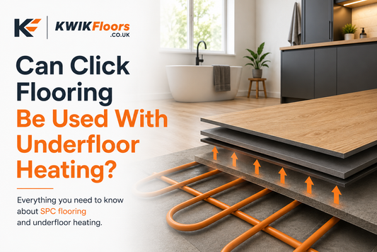 Can Click Flooring Be Used With Underfloor Heating? Blog cover graphic featuring waterproof SPC click flooring, underfloor heating system and modern bathroom, with expert guide for UK homeowners.
