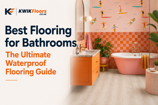 Best flooring for bathrooms waterproof flooring guide by KWIK Floors, featuring stylish wood-effect bathroom flooring in a modern pink bathroom.