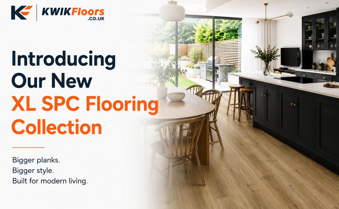 KWIK Floors blog cover introducing the new XL SPC Flooring Collection, showcasing Fellside Oak XL Luxury Click Vinyl Flooring in a modern open-plan kitchen and dining space.