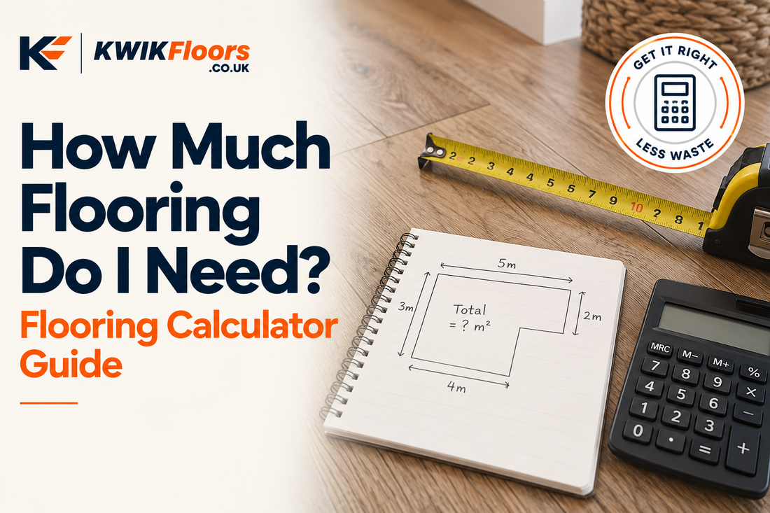 How much flooring do I need guide with tape measure, room measurements and calculator to help calculate m² and the amount of flooring to order.