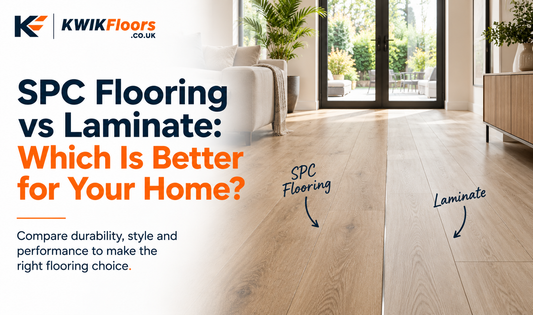 KWIK Floors blog cover comparing SPC flooring vs laminate flooring in a modern living room, showing two wood-effect flooring styles side by side.