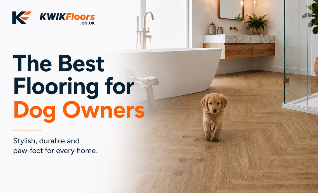 KWIK Floors blog cover promoting the best flooring for dog owners, featuring a puppy on oak-effect SPC flooring in a modern bathroom with the headline "The Best Flooring for Dog Owners".