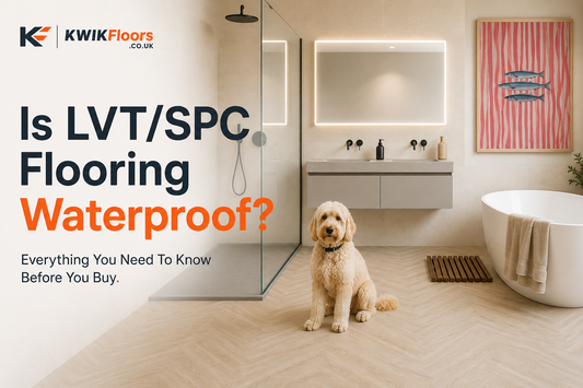 Modern bathroom with light oak herringbone SPC flooring, freestanding bath and walk-in shower showcasing waterproof luxury vinyl flooring