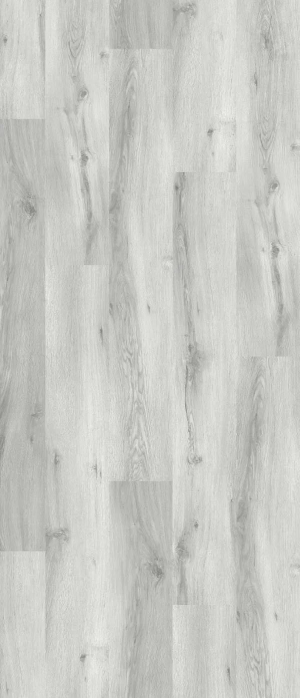 Light gray wood-look flooring planks with natural grain and knot textures.