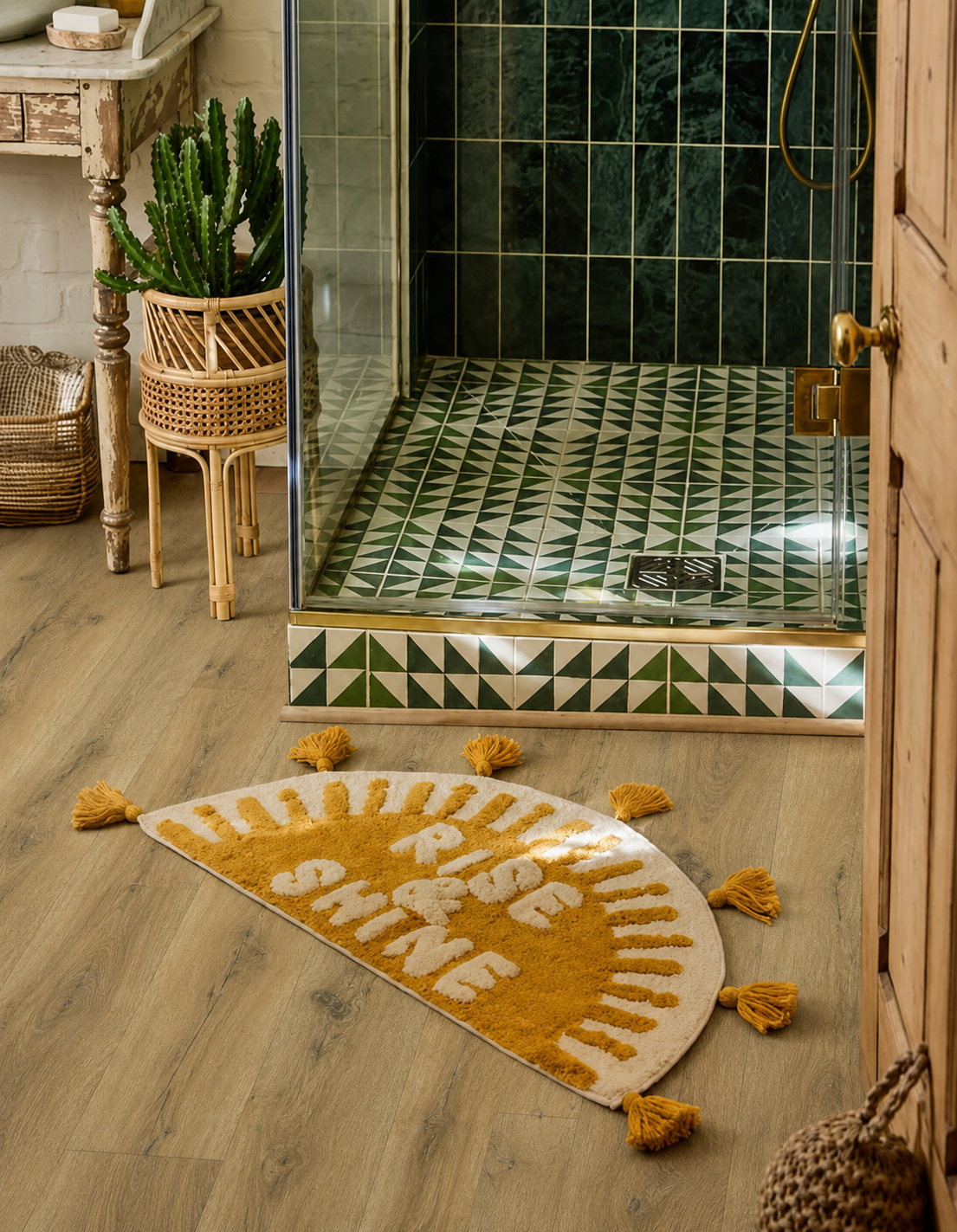 Ambleside Oak Luxury Click Vinyl Flooring 5mm in a stylish shower room with warm oak-effect planks, green patterned tiles, brass details and rustic bathroom décor.
