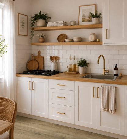 Ambleside Oak Luxury Click Vinyl Flooring 5mm in a bright modern farmhouse kitchen with white cabinets, warm wood worktops, brass fittings and natural styling.