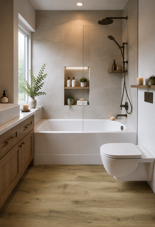 Ambleside Oak Luxury Click Vinyl Flooring 5mm in a modern bathroom with warm oak-effect planks, neutral stone tiles, white bath and contemporary black shower fittings.