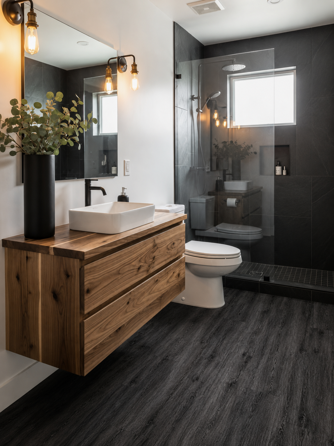 Black Ash SPC flooring in a modern bathroom with realistic dark oak wood grain planks, waterproof luxury vinyl flooring, floating timber vanity, frameless shower enclosure, black feature tiles and contemporary bathroom décor.