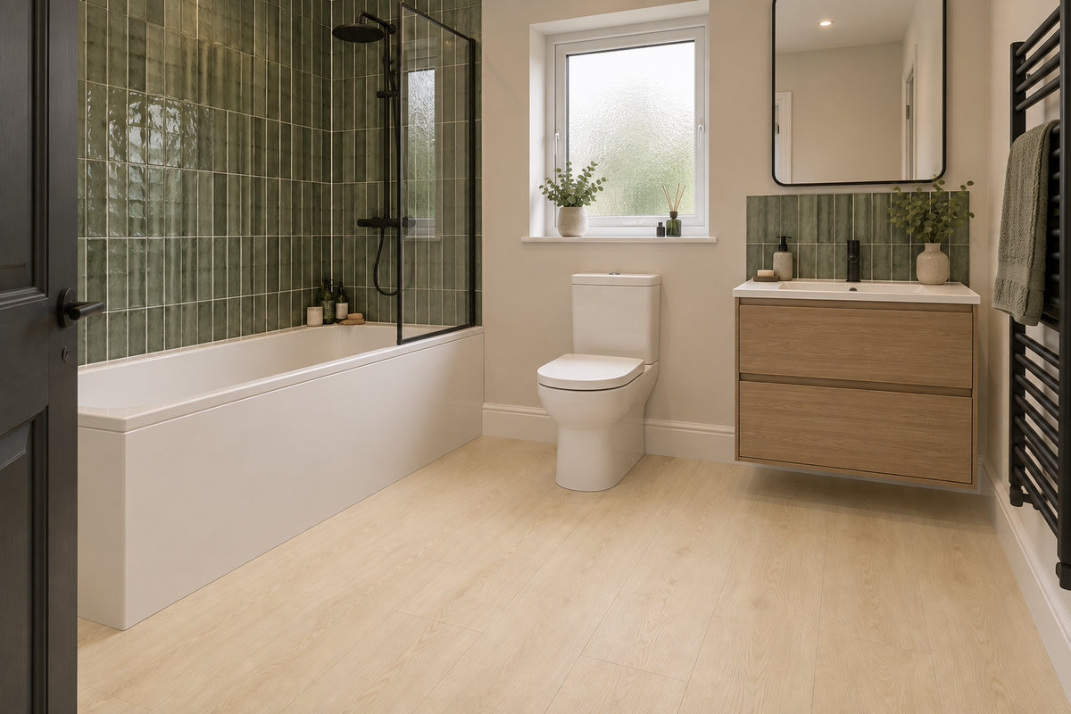A modern bathroom interior with a white bathtub, black-framed glass shower enclosure, green tiled wall, light wood vanity, white toilet, and pale wood-look floor. No people or animals are present.