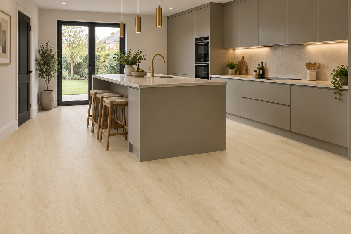 A modern kitchen interior with light beige wood flooring, gray cabinets, a central island, and a large window looking out onto a garden.