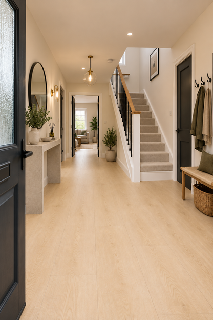 A bright, modern hallway with light oak wood flooring, a staircase with a wooden handrail, a concrete console table with a round mirror, and a wooden bench with coat hooks on the right.
