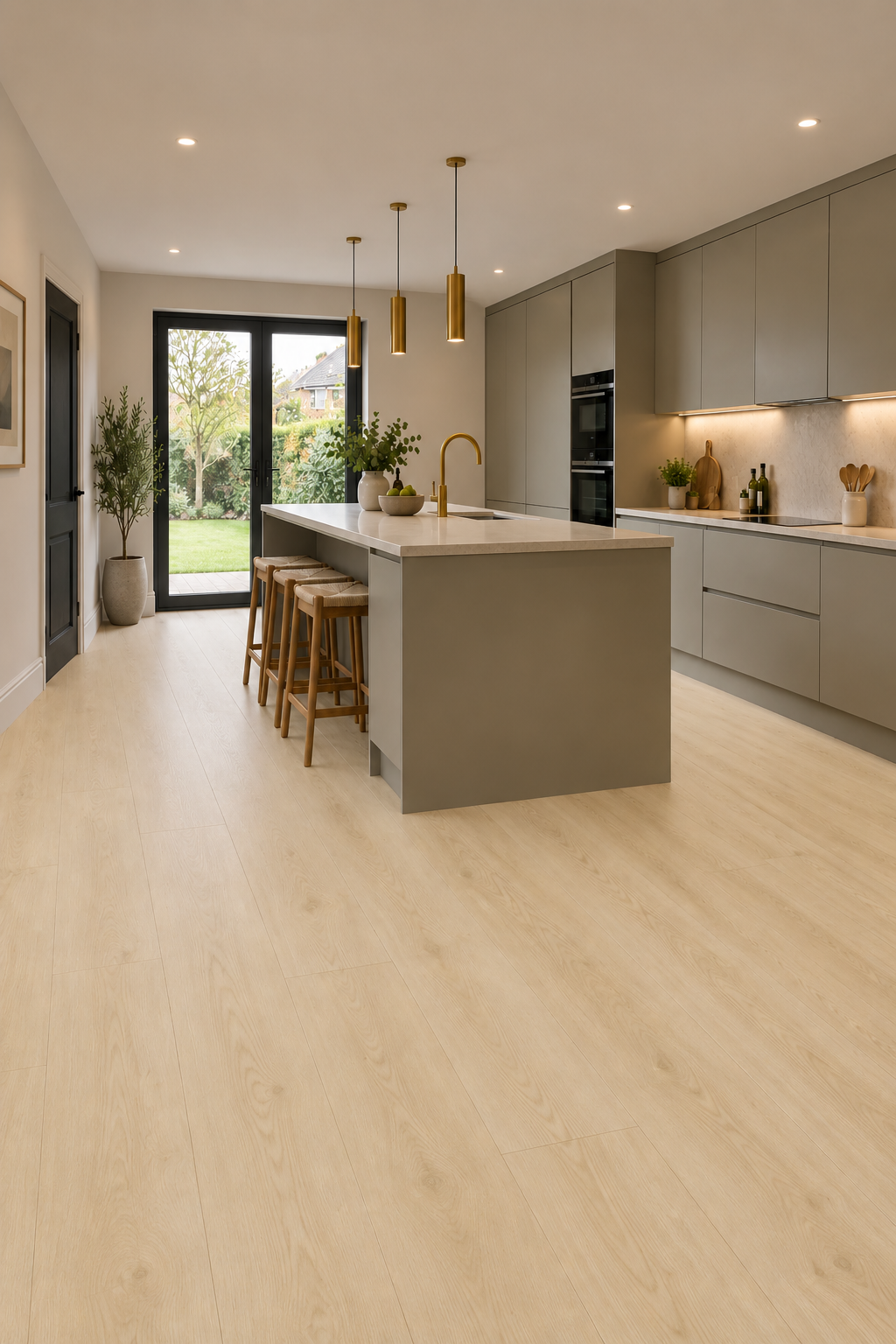 Light oak wood flooring in a modern kitchen setting, showing a clean interior with grey cabinets, a central island, and pendant lights.
