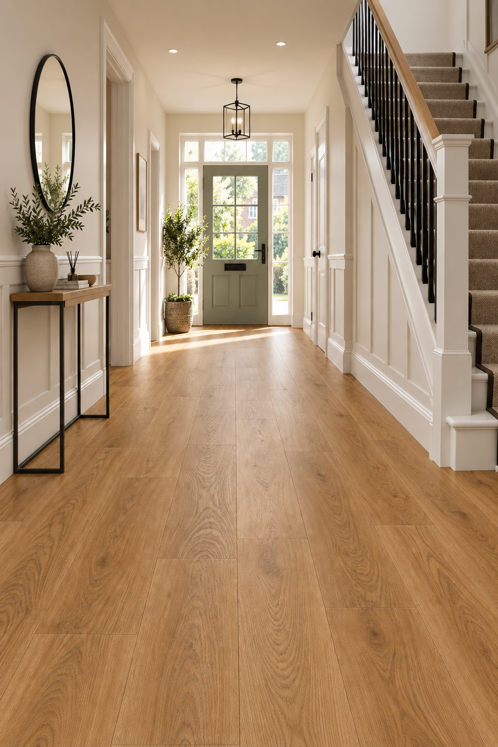 Light oak wood flooring shown in a bright, modern hallway with a staircase on the right, a console table with a mirror on the left, and a green front door at the end.