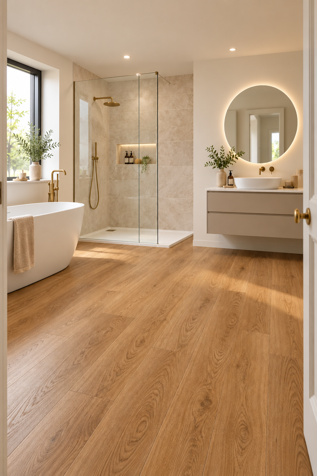 A modern bathroom interior with light oak wood flooring, a white freestanding bathtub, a glass shower enclosure, and a floating vanity with a round backlit mirror.