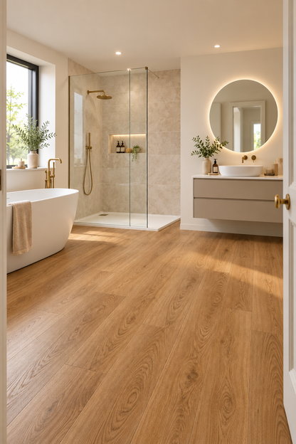 A modern bathroom interior with light oak wood flooring, a white freestanding bathtub, a glass shower enclosure, and a floating vanity with a round backlit mirror.