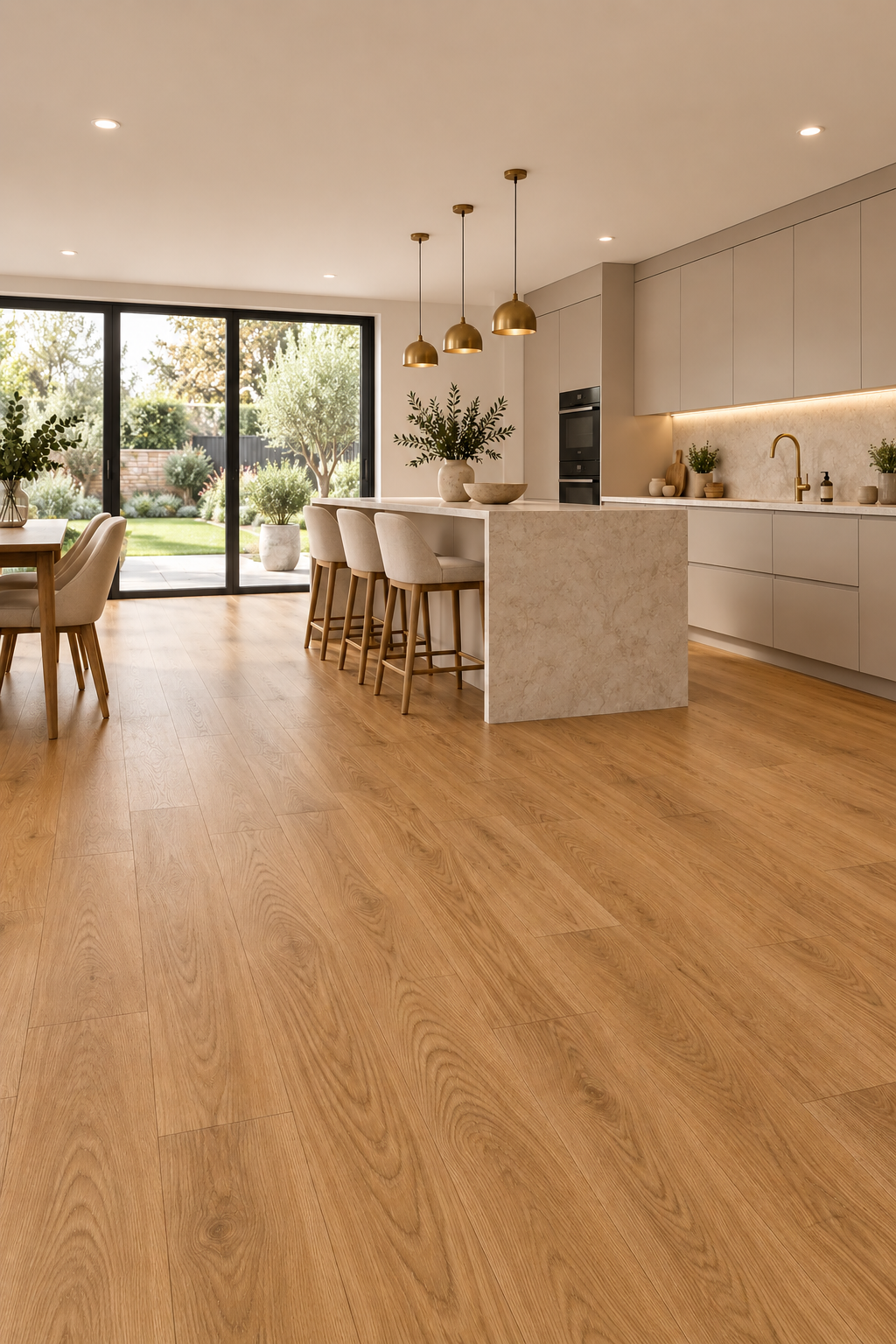 Caramel Oak 6mm luxury click vinyl flooring in a modern open-plan kitchen with warm oak tones and neutral cabinetry.