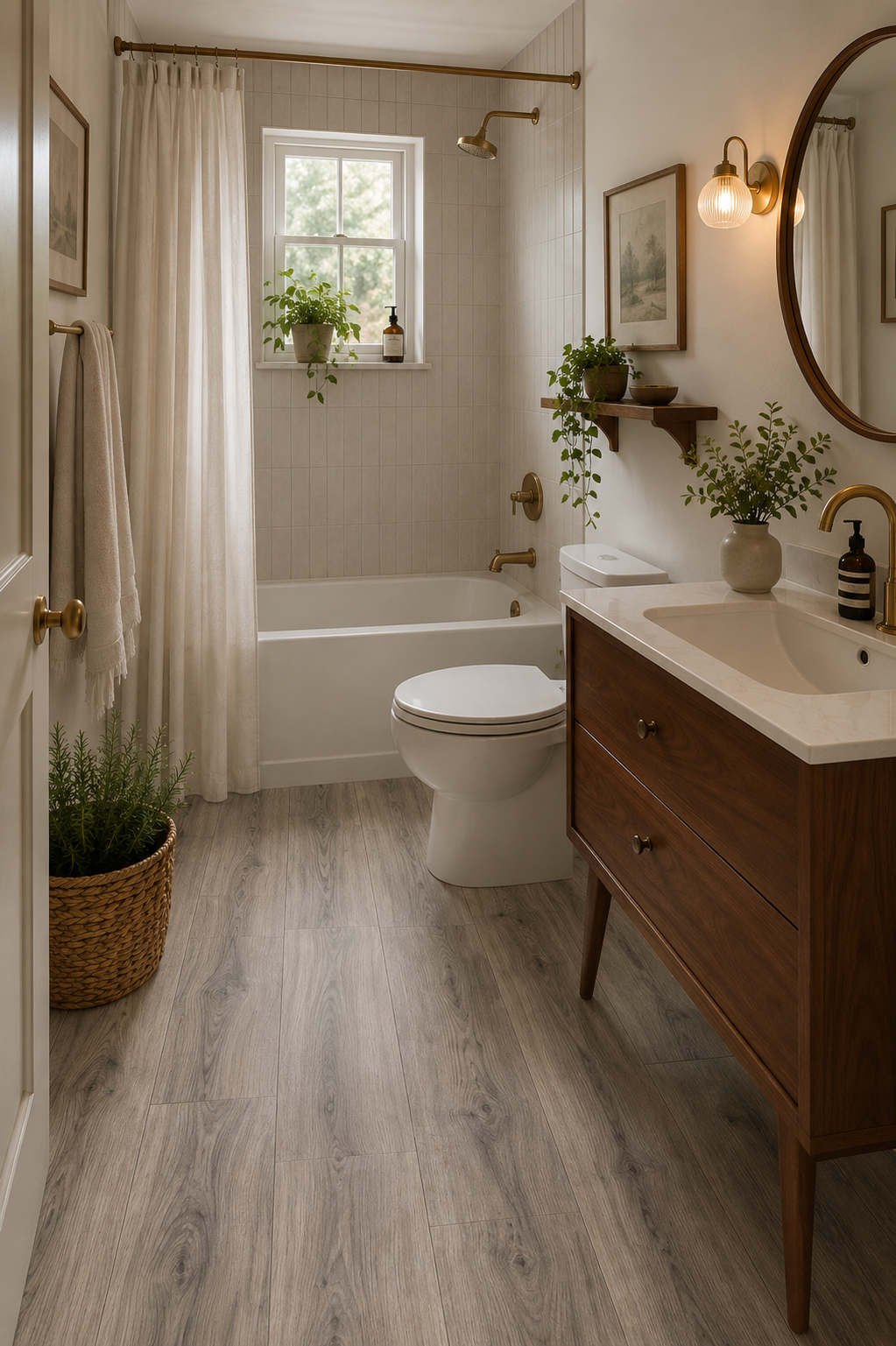 Cartmel Oak Luxury Click Vinyl Flooring 5mm in a warm neutral bathroom, featuring realistic grey-brown wood-effect planks with natural grain and knot detailing.