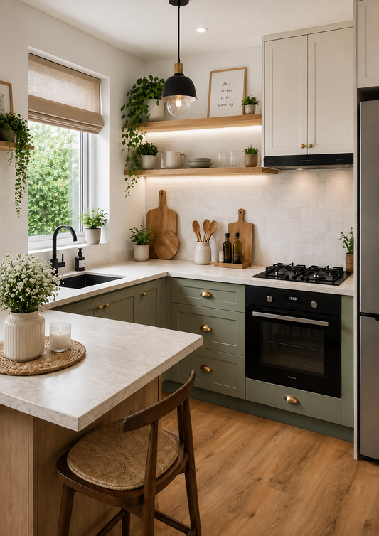 Coniston Oak Luxury Click Vinyl Flooring 5mm in a modern sage green kitchen with warm oak-effect planks, white worktops, brass accents and natural styling.