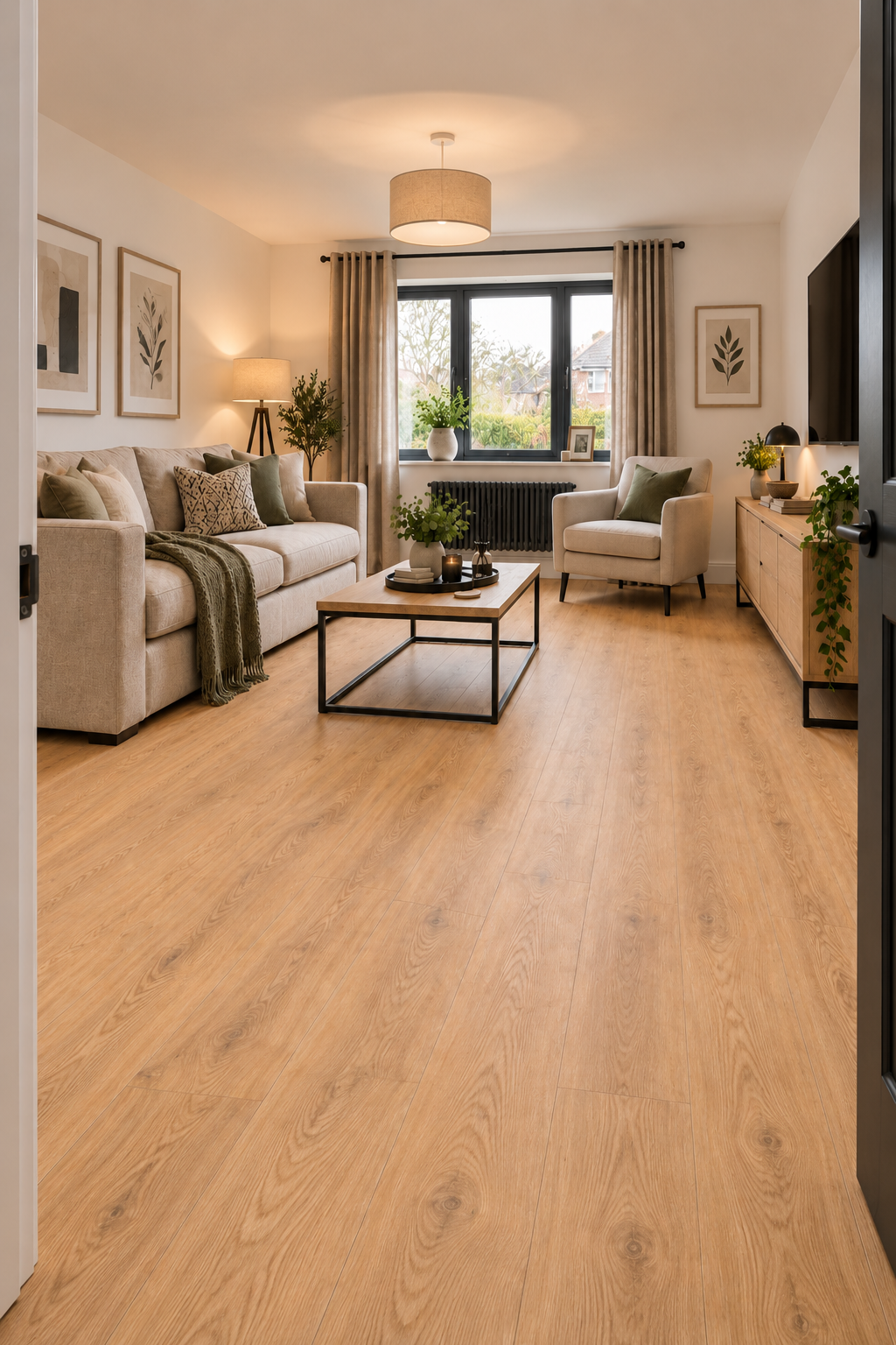Light oak wood flooring shown in a modern, bright living room with beige sofas, a coffee table, and neutral decor.