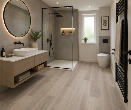 Modern contemporary bathroom featuring Epping Teak Grey Luxury Click Vinyl Flooring with cool grey wood-effect wide planks, realistic wood grain, subtle natural knot detailing and an embossed matt finish. Waterproof SPC rigid core flooring ideal for stylish family bathrooms