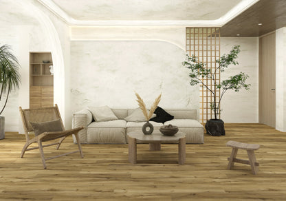 Fellside Oak XL Luxury Click Vinyl Flooring 7mm in a contemporary open-plan living room, featuring extra-large oak-effect planks with realistic wood grain, authentic knot detailing, textured matt finish and durable waterproof SPC click flooring.