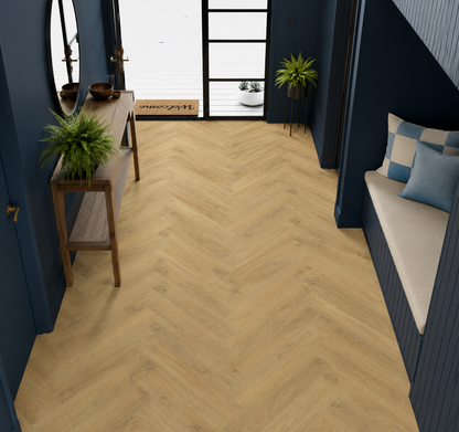 Fireside Oak Herringbone Luxury Click Vinyl Flooring 5.5mm installed in a contemporary hallway with navy blue walls, built-in bench seating and authentic oak-effect waterproof SPC herringbone flooring.