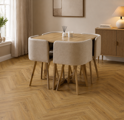 Golden Oak Herringbone Luxury Click Vinyl Flooring 6mm installed in a modern Scandinavian dining room with oak dining table, upholstered chairs and warm neutral décor, showcasing realistic wood grain, natural oak tones and waterproof click vinyl flooring.