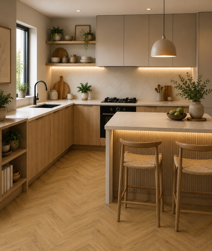 Golden Oak Herringbone Luxury Click Vinyl Flooring 6mm installed in a modern Scandinavian kitchen with island, warm oak cabinetry, stone worktops and open shelving, showcasing realistic wood grain, natural oak tones and waterproof click vinyl flooring.