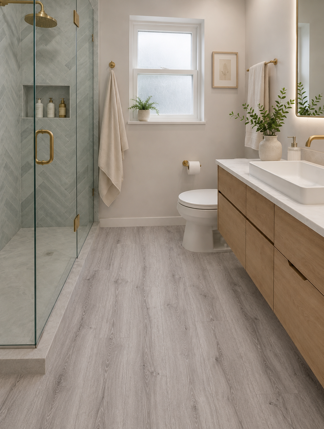 Modern bathroom featuring Gran Canaria Luxury Click Vinyl Flooring 5mm with mid-grey oak-effect SPC rigid core flooring, authentic wood grain texture, natural knot detailing, embossed matt finish and 100% waterproof click vinyl flooring.