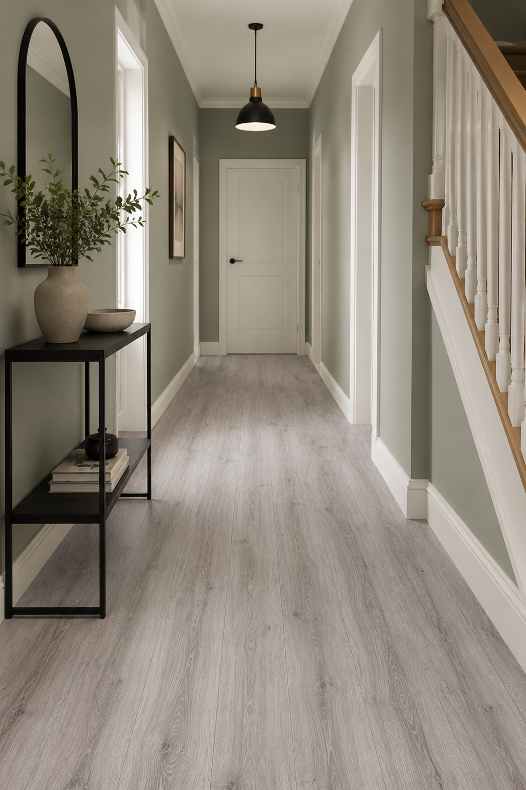 Gran Canaria Luxury Click Vinyl Flooring 5mm installed in a contemporary hallway with light grey wood-effect SPC planks, realistic oak grain detailing, subtle knotting and matt finish, creating a bright, modern entrance perfect for busy family homes.