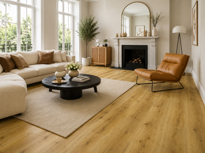 Grizedale Aged Oak XL Luxury Click Vinyl Flooring in a bright contemporary living room, showcasing warm natural oak tones, authentic wood grain, realistic knots and extra-large plank flooring.