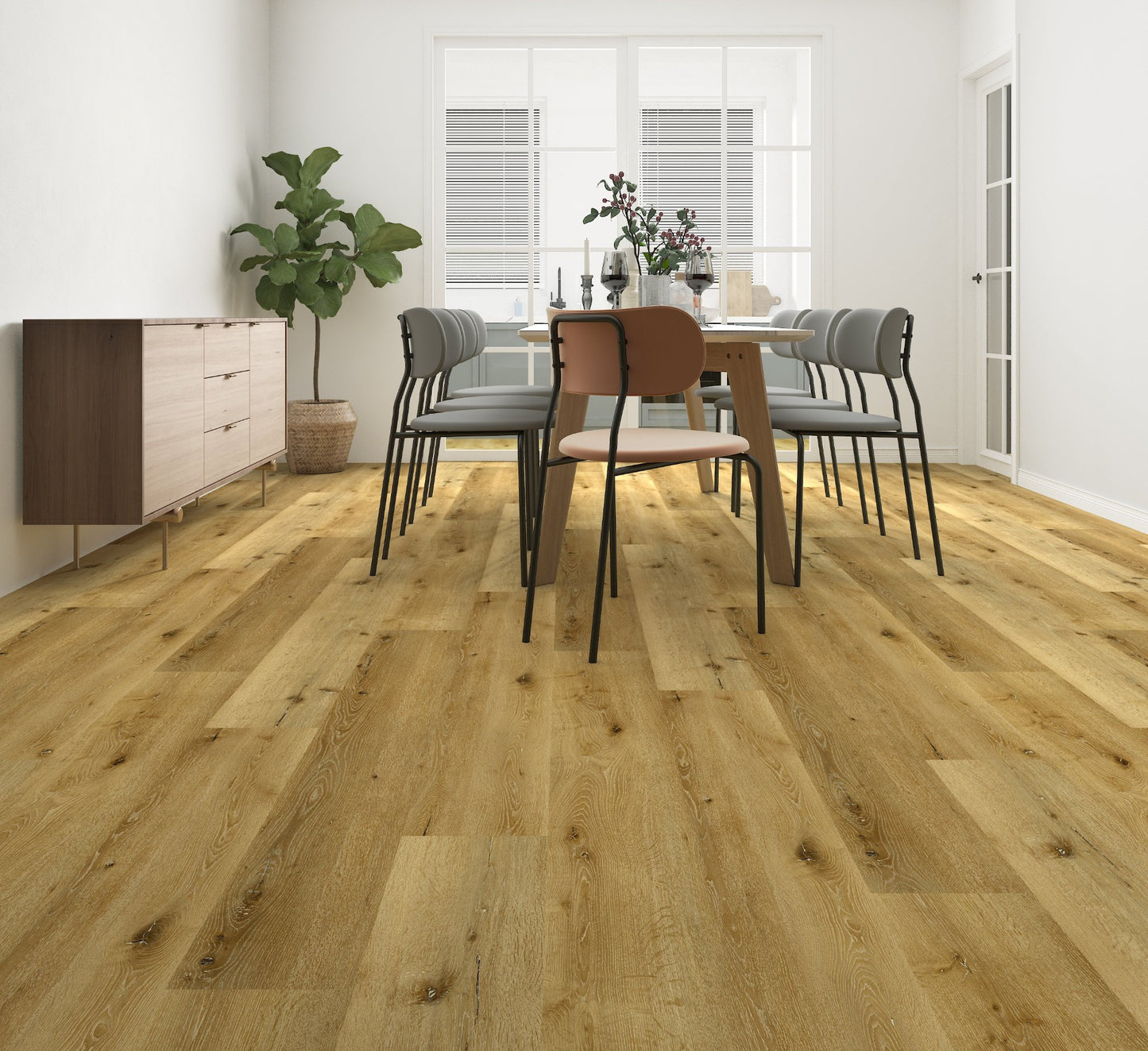 Grizedale Aged Oak XL Luxury Click Vinyl Flooring 7mm installed in a modern dining room, showcasing extra-large oak-effect planks with authentic aged wood grain, natural knot detailing, textured matt finish and waterproof SPC rigid core construction.