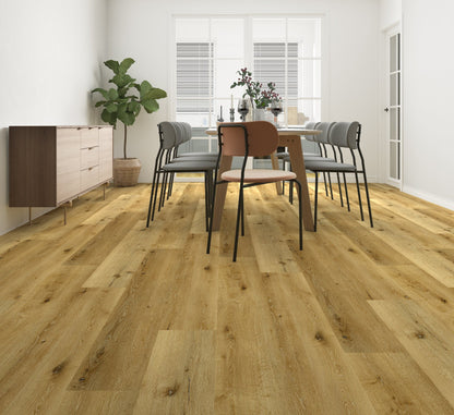 Grizedale Aged Oak XL Luxury Click Vinyl Flooring 7mm installed in a modern dining room, showcasing extra-large oak-effect planks with authentic aged wood grain, natural knot detailing, textured matt finish and waterproof SPC rigid core construction.