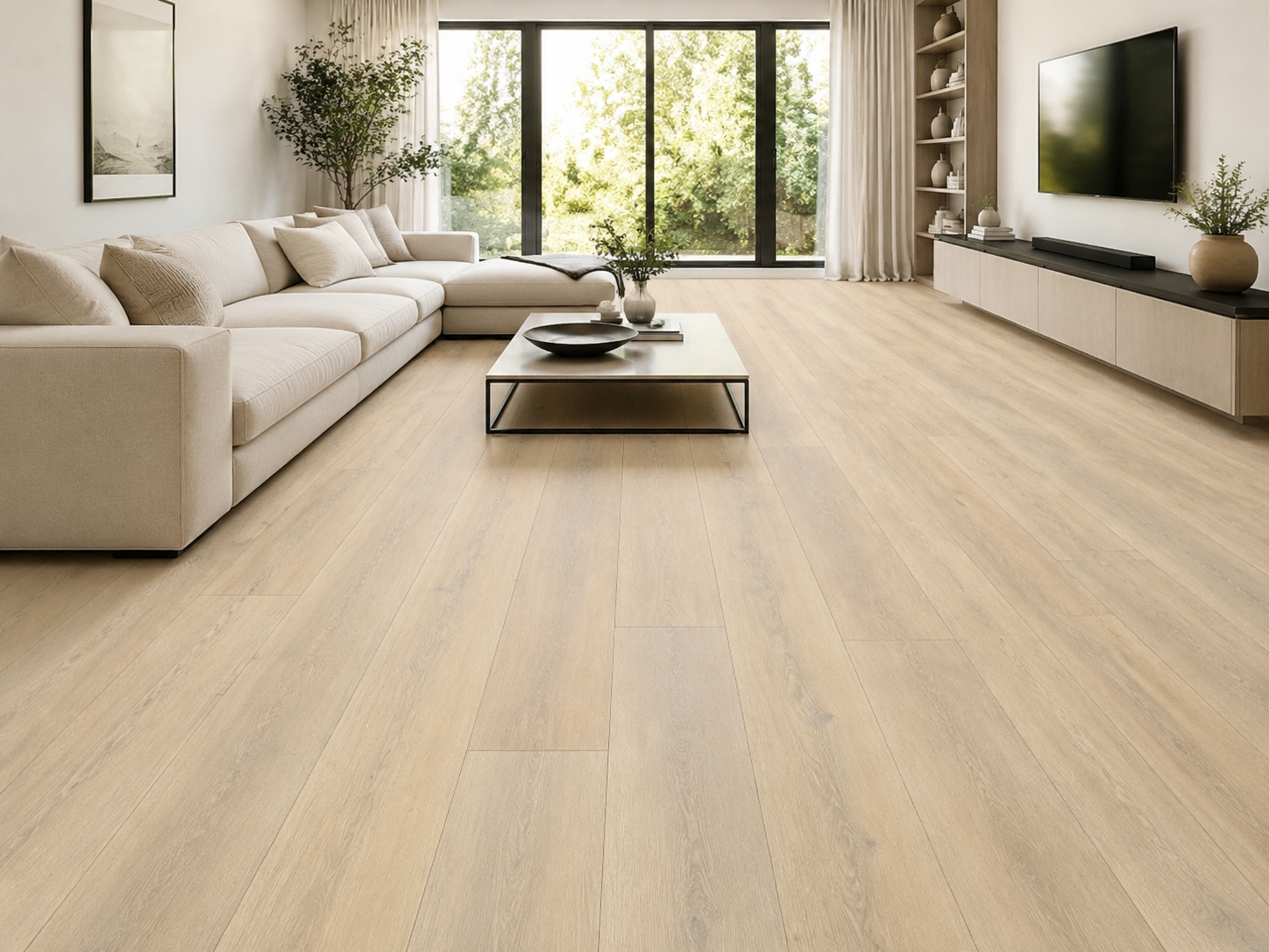 Light oak luxury click vinyl flooring in a modern neutral living room, featuring realistic wood-effect planks and a bright contemporary interior.