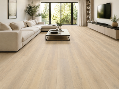 Light oak luxury click vinyl flooring in a modern neutral living room, featuring realistic wood-effect planks and a bright contemporary interior.