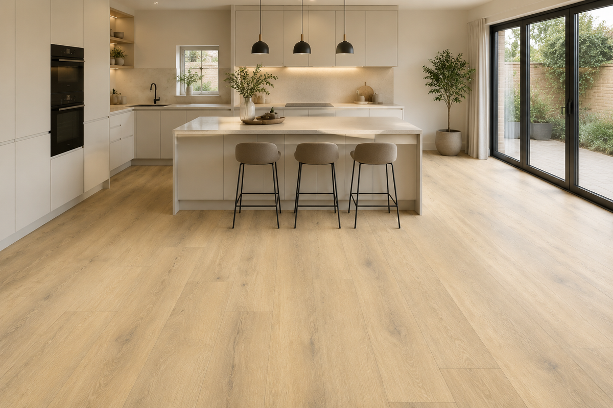 Light oak luxury click vinyl flooring in a modern neutral kitchen with a large island, cream cabinetry and contemporary black accents.