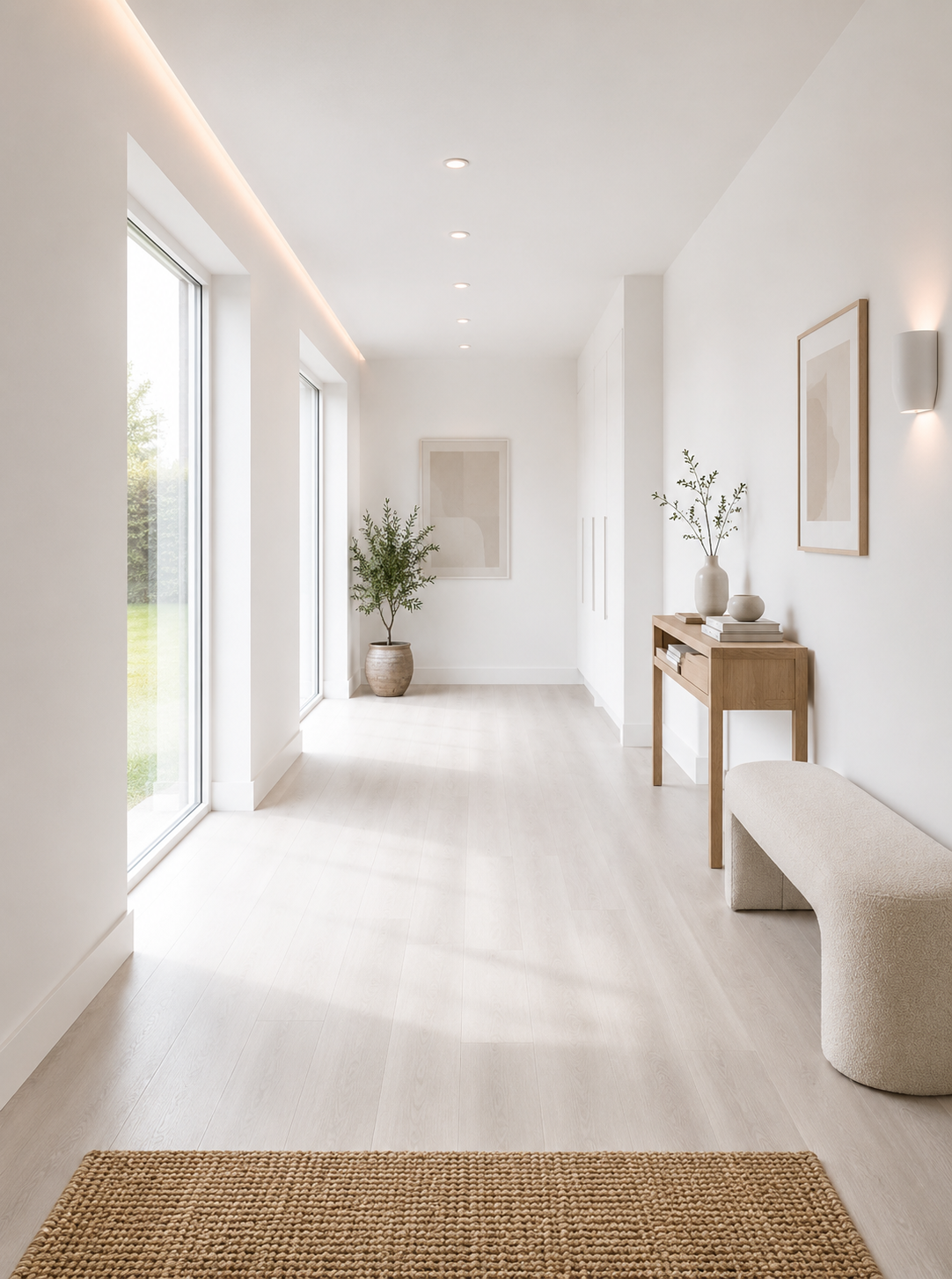 Ivory Luxury Click Vinyl Flooring 5mm installed in a bright contemporary hallway, featuring soft ivory wood-effect SPC planks with authentic natural grain, subtle knot detailing and a realistic matt finish, creating a light, spacious and elegant entrance with minimalist décor and abundant natural light.