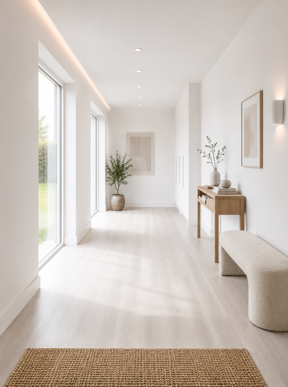 Ivory Luxury Click Vinyl Flooring 5mm installed in a bright contemporary hallway, featuring soft ivory wood-effect SPC planks with authentic natural grain, subtle knot detailing and a realistic matt finish, creating a light, spacious and elegant entrance with minimalist décor and abundant natural light.