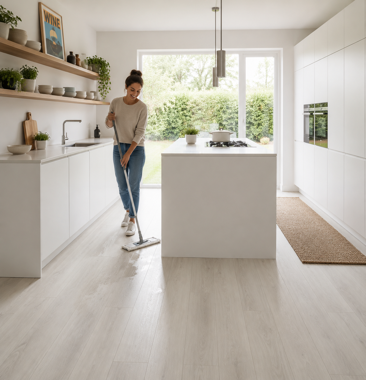 Ivory Luxury Click Vinyl Flooring 5mm installed in a bright contemporary kitchen, featuring soft ivory wood-effect SPC flooring with authentic natural grain, subtle knot detailing and a realistic matt finish, demonstrating its easy-to-clean waterproof surface during everyday household cleaning.