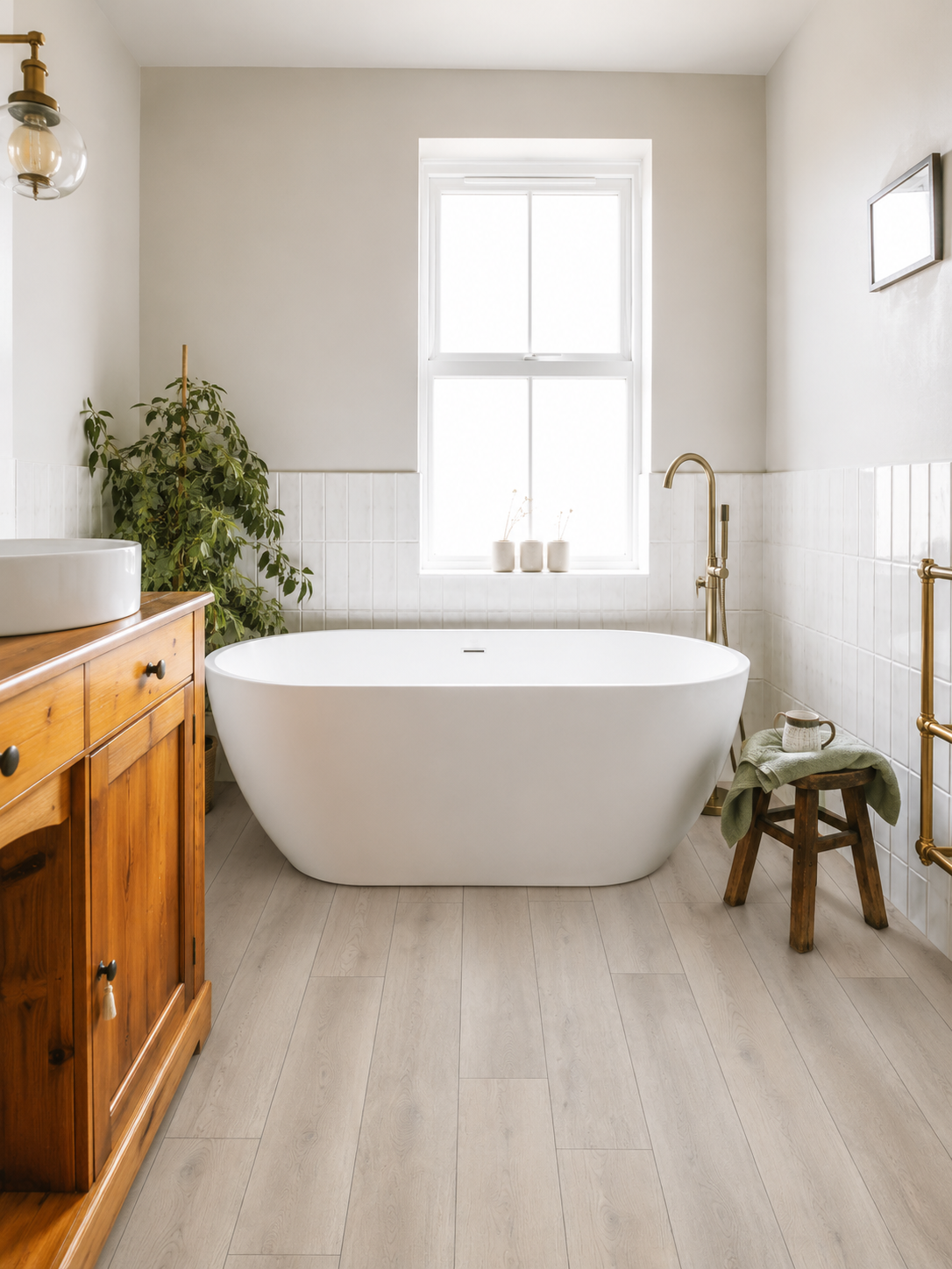 Ashdown Light Oak Luxury Click Vinyl Flooring 6mm installed in a bright modern bathroom with a freestanding bath, warm oak vanity, light neutral décor and realistic light oak wood-effect SPC flooring with authentic grain detailing and subtle natural knots.