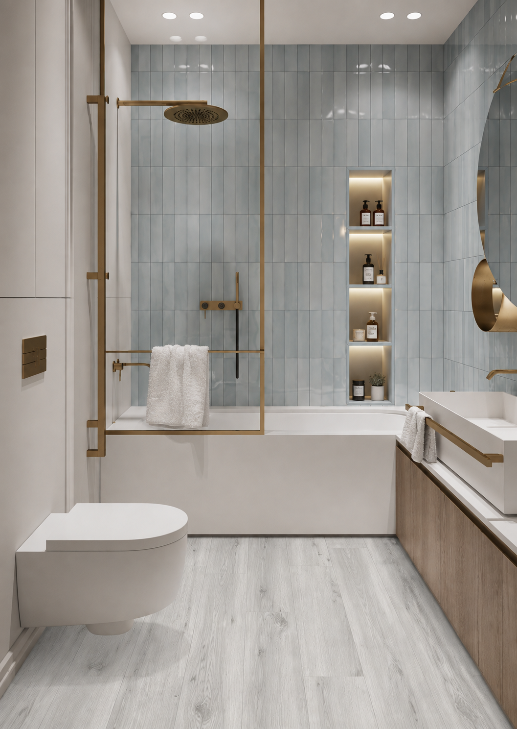 Kirkstone Grey Oak Luxury Click Vinyl Flooring 5mm in a contemporary bathroom with light blue wall tiles, brushed brass fittings, white bath and toilet, illuminated shelving and a modern wood vanity.