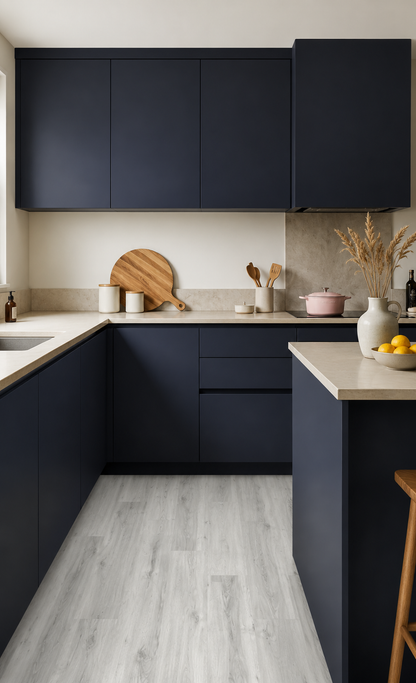 Kirkstone Grey Oak Luxury Click Vinyl Flooring 5mm in a modern navy kitchen with light stone worktops, pale pink cookware and contemporary styling.