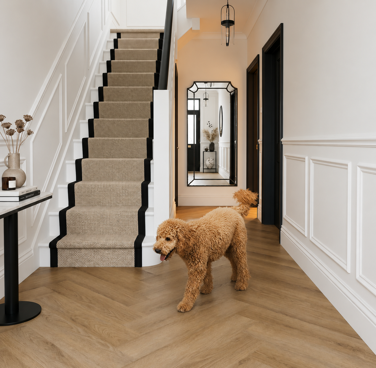 Lesedi Oak Herringbone SPC flooring installed in a contemporary hallway with a dog, featuring realistic oak-effect flooring, waterproof durability and scratch-resistant performance for busy homes with pets.