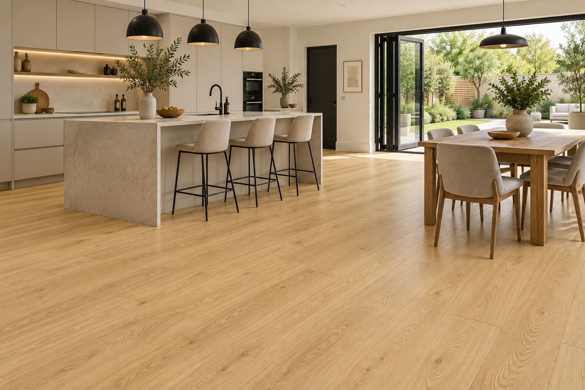 Light oak wood flooring in a modern kitchen and dining room setting, showing the plank texture and warm beige tone.
