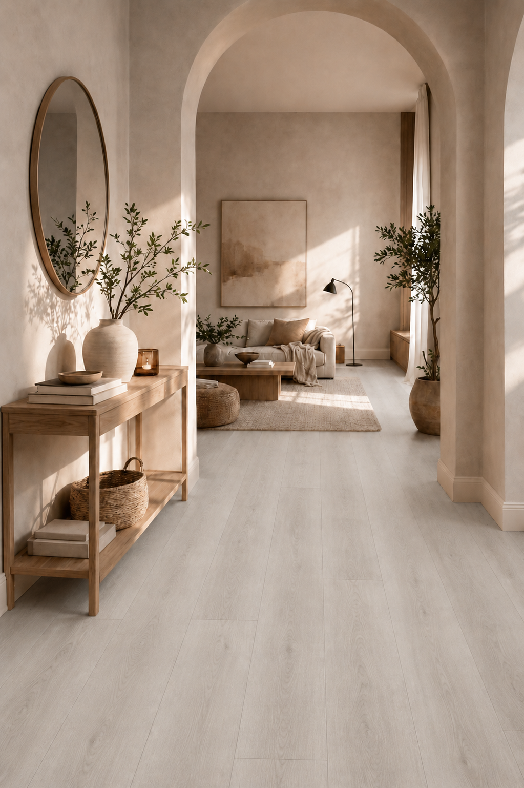 Pewter Grey Oak SPC flooring in a stylish hallway with authentic light grey oak wood grain planks, waterproof luxury vinyl flooring, neutral décor, arched entranceway, wooden console table and modern open-plan living space.