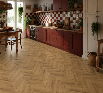 Sherwood Oak Herringbone Luxury Click Vinyl Flooring 5.5mm installed in a rustic farmhouse kitchen with dark burgundy cabinets, checkerboard splashback and authentic natural oak-effect herringbone flooring.